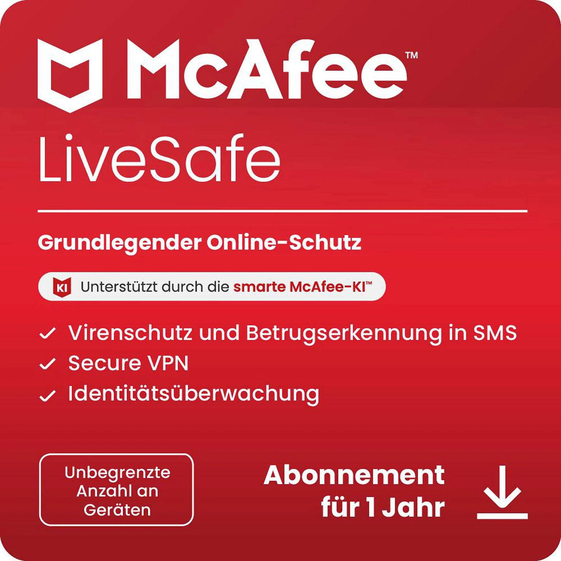 McAfee LiveSafe 2025 Virenschutz - unbegrenzte Anzahl von Geräten inkl. VPN - Sofortige Lieferung via Mail