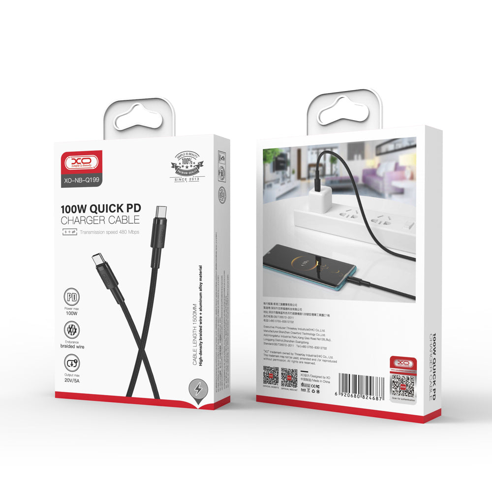 USB-C auf USB-C Kabel - Nylon - 1,5m 100W schwarz Ladekabel & Datenkabel